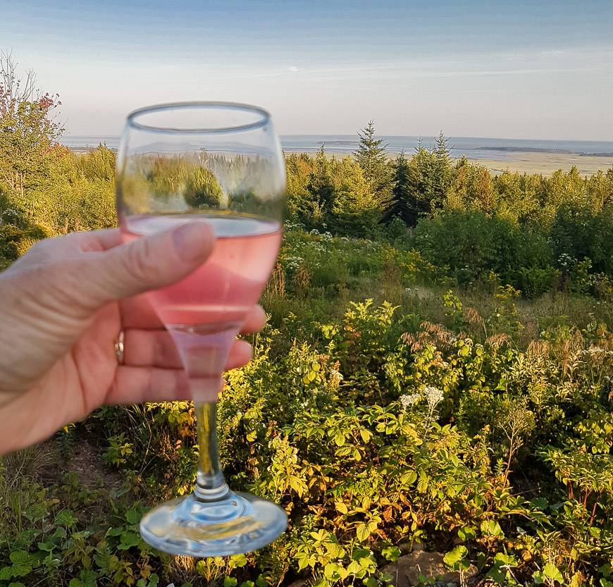 Enjoying local rhubarb wine from the back deck - with a view of the Bay of Fundy
