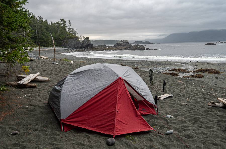 We enjoy a scenic view at our last campsite on the Nootka Trail