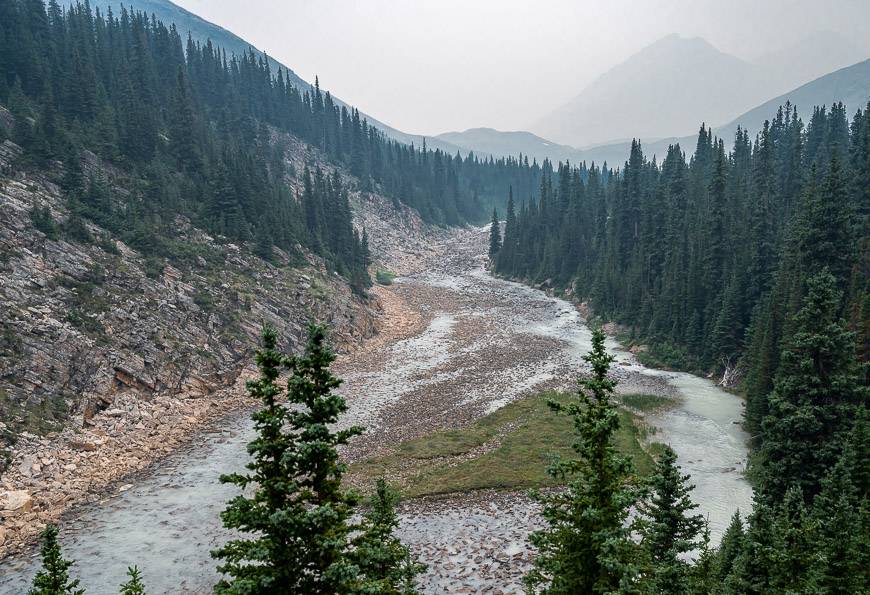 It was a very smoky morning on the Brazeau Loop trail hike out to the Nigel Pass trailhead