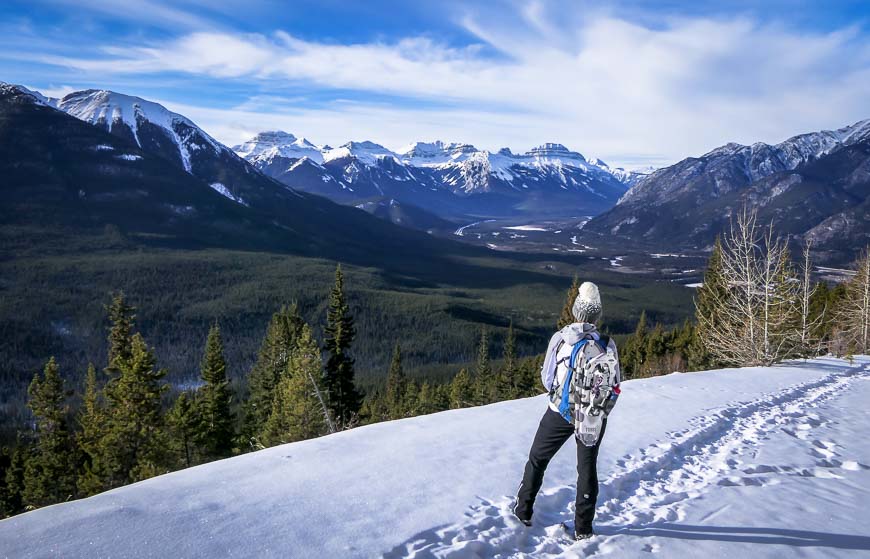 One of the longest winter hikes in Banff is the Cosmic Ray Road on the way up Sulphur Mountain