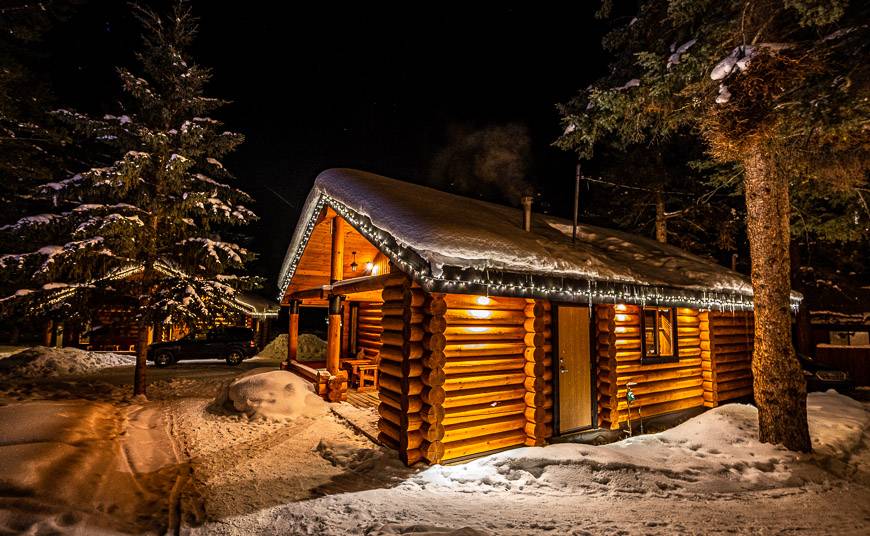 Our cabin at Castle Mountain Chalets looks inviting from the outside