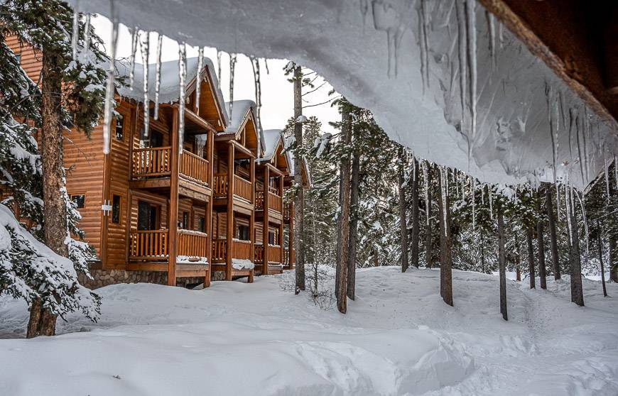 Looking out through the icicles to more lodging at Baker Creek