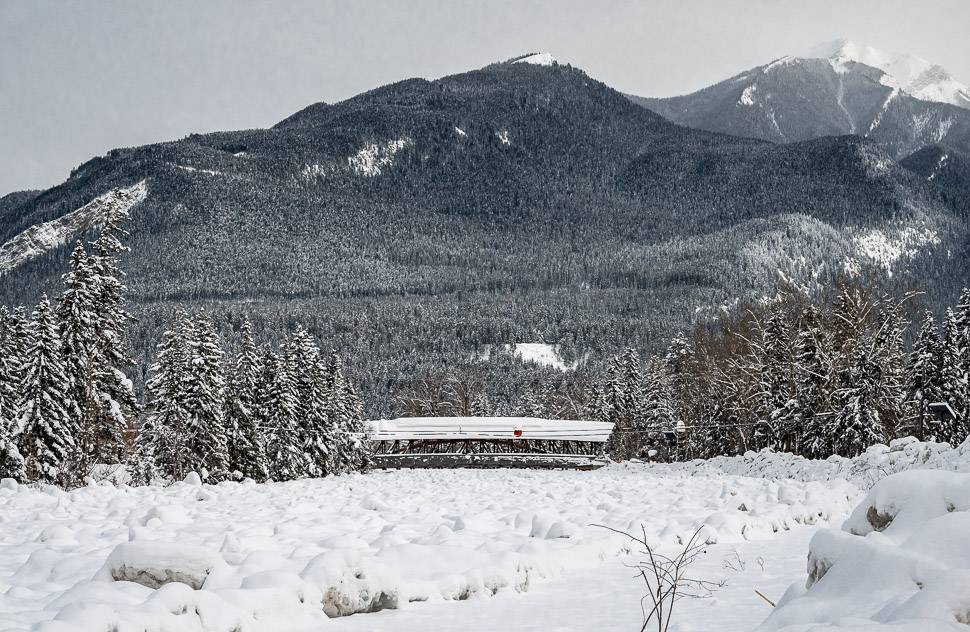 Note the ice levels on the Kicking Horse River in relation to the pedestrian bridge