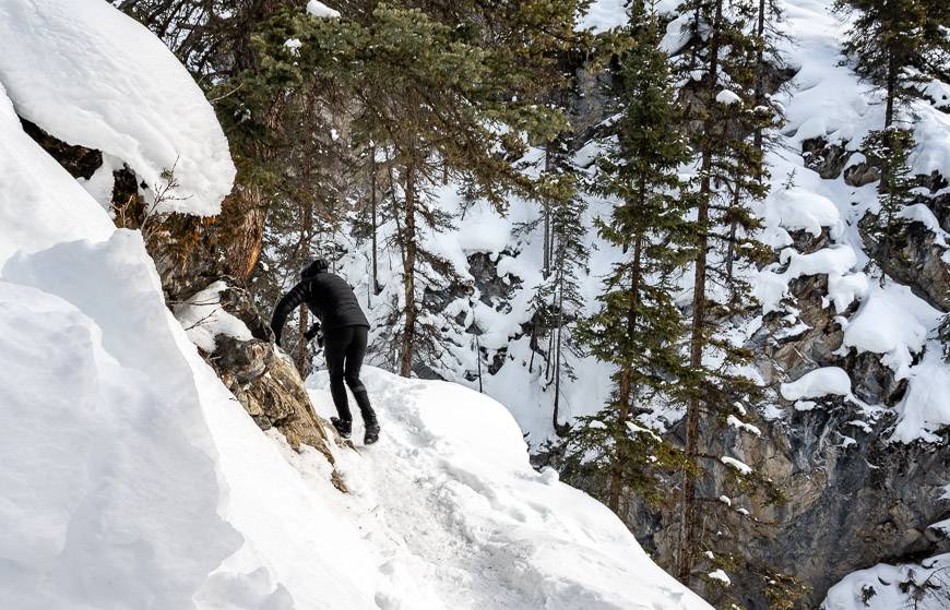 Its slippery with a steep dropoff once you reach the falls