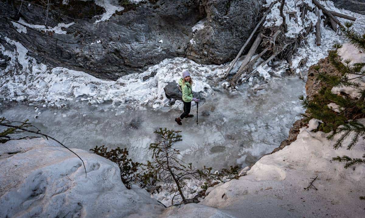 Looking down to the Grotto Canyon ice walk