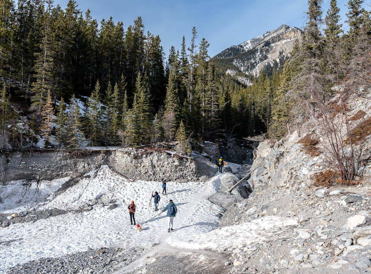 The icy part of Grotto Canyon starts after the small hump of snow