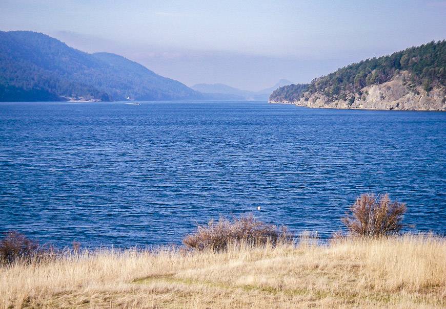 Cycling the Gulf Islands and enjoying beautiful views at the end of the Tumbo Channel Road