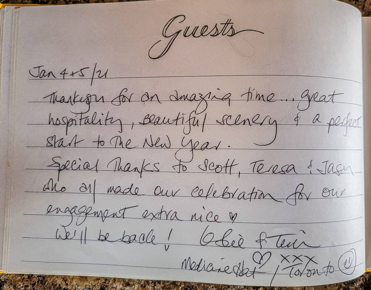 The guest book was filled with entries from guests who had enjoyed wonderful hospitality and had an amazing time