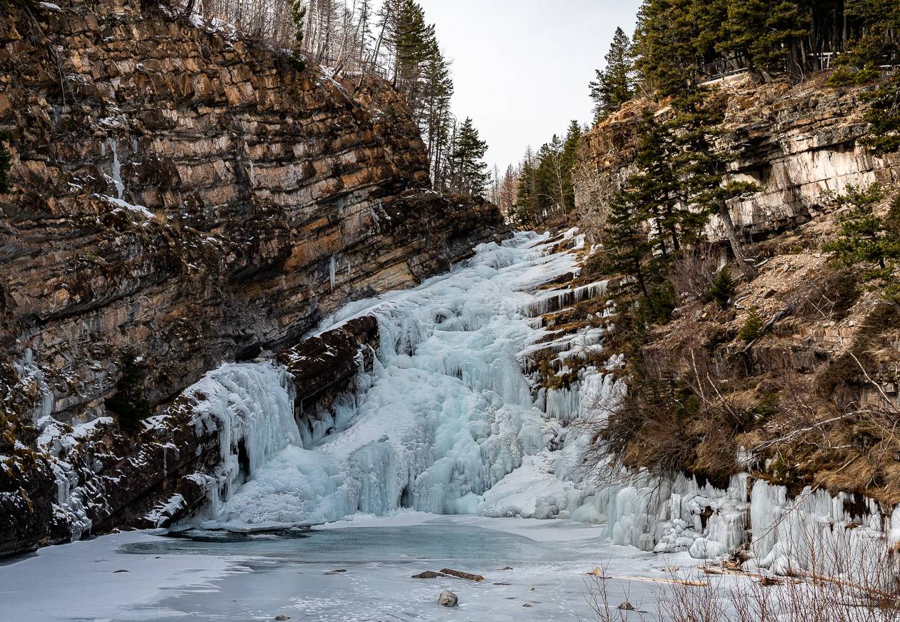 Cameron Falls, one of the easy to access Alberta waterfalls in all its frozen glory