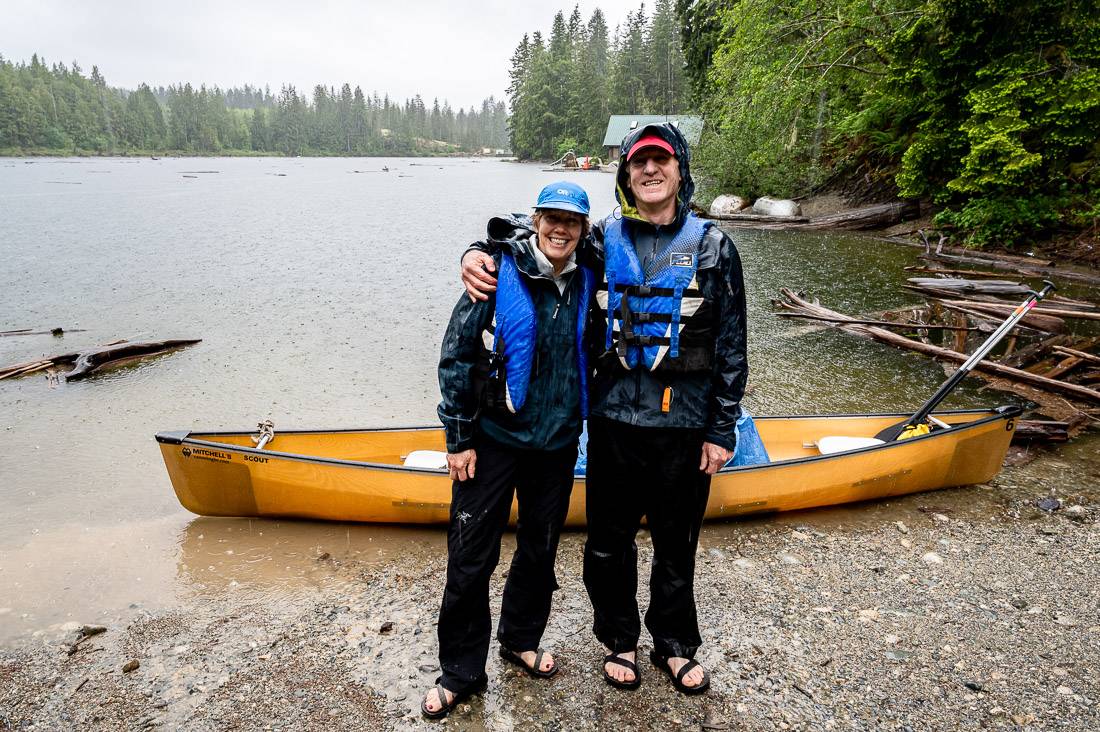 John and I starting out in the rain on Lois Lake at the start of the Powell Forest Canoe Route