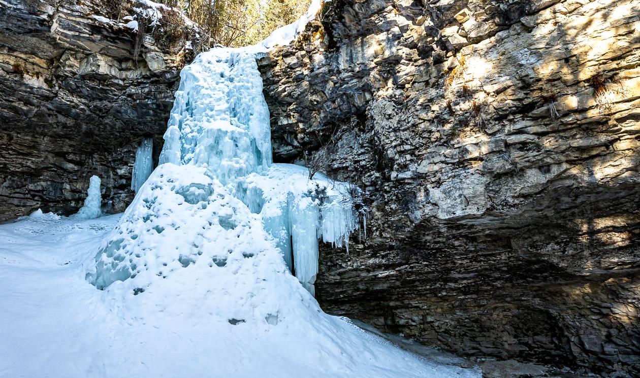 Troll Falls in winter - one of the most popular Alberta waterfalls to visit