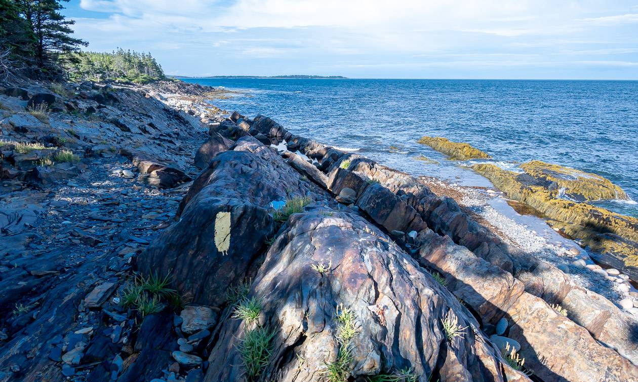 Look for yellow markings on rocks to indicate the trail