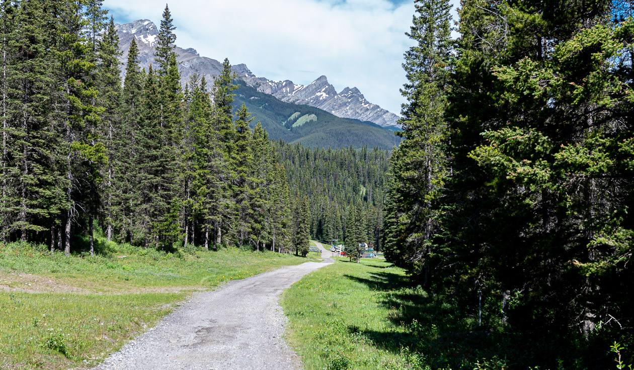 Walking to the trailhead past Mt. Norquay's chairlifts