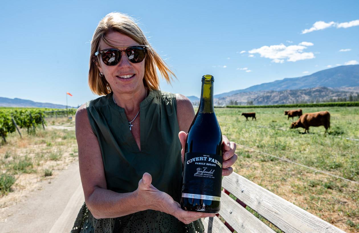 Shelly Covert with one of the wines we tasted on the farm tour