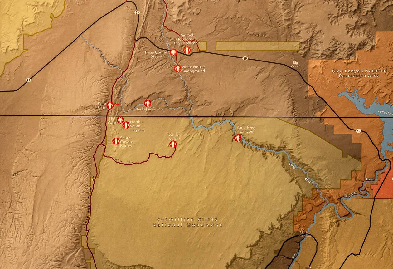 Map of the South Coyote Buttes area in relation to The Wave and Buckskin Gulch