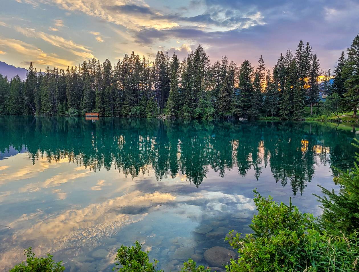 Enjoy a sunset over Beauvert Lake if you stay at Jasper Park Lodge