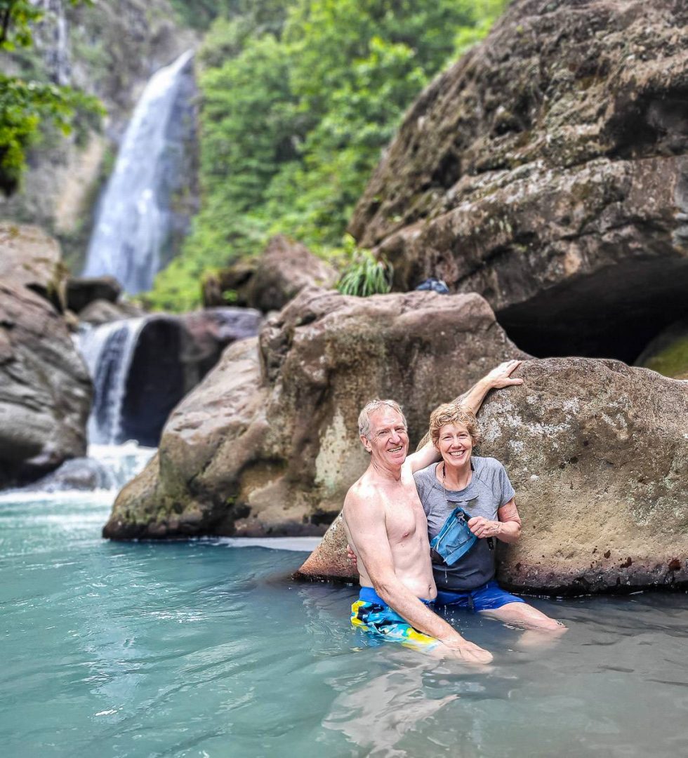 Just hanging in the White River with beautiful Victoria Falls behind us - one of the fun Dominica adventures