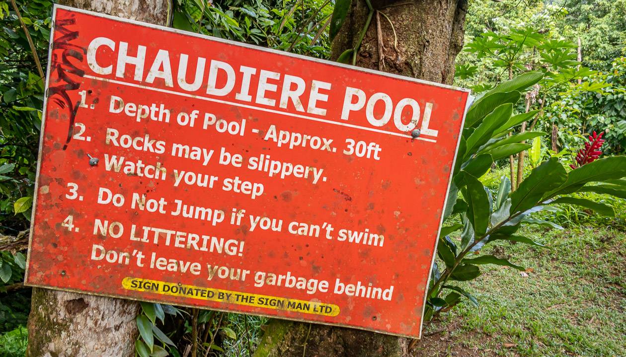 Warning signs for the Chaudiere Pool in Dominica