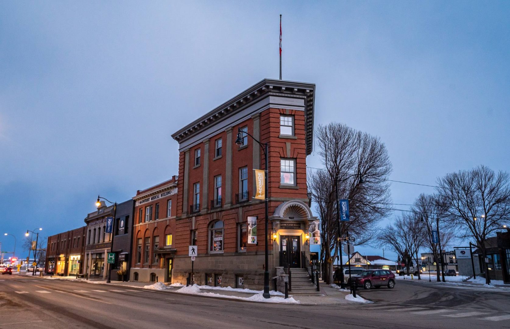 The iconic Flatiron Building in downtown Lacombe