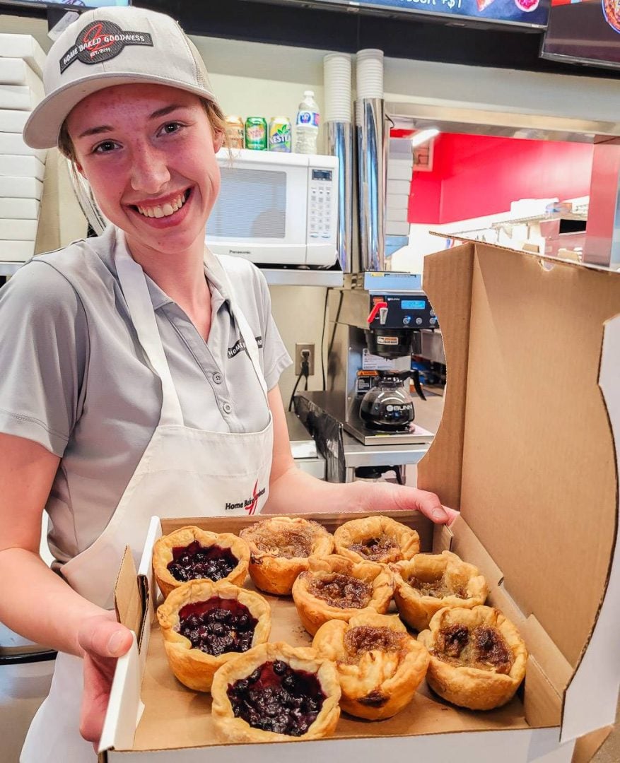 Stocking up on tarts from Home Baked Goodness on route to Prince Albert National Park