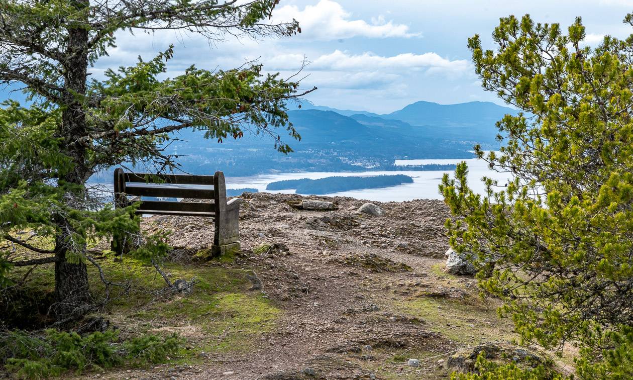 A bench with a view at the top of Mount Erskine, Salt Spring Island