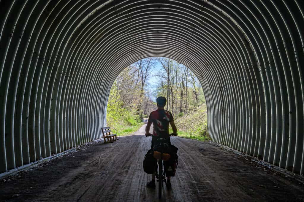 In the unlit Pinkerton Tunnel on the Great Allegheny Passage bike ride