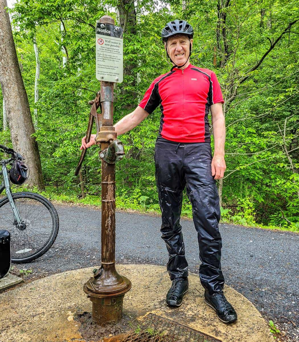 Before we rolled into Brunswick we found a hand pump at a campsite to wash ourselves and our bikes