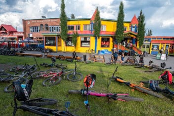 Colourful mountain bikes in the colourful village of SilverStar Mountain Resort