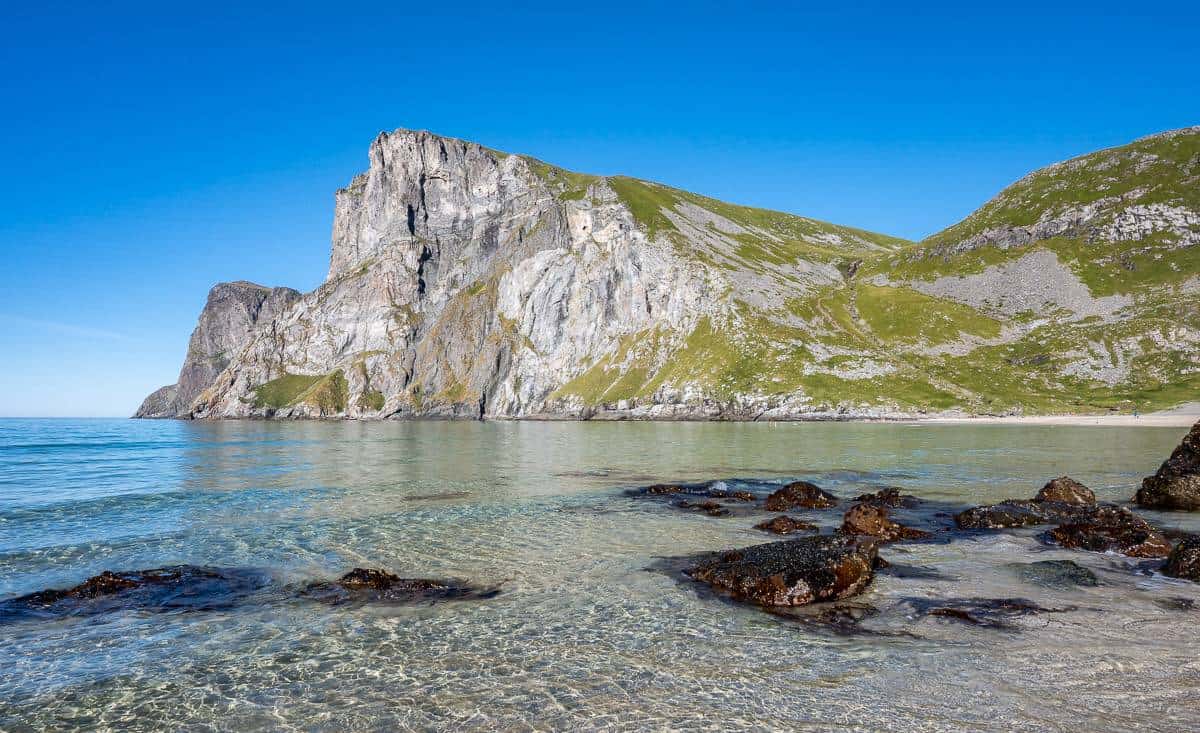 Beautiful Kvalvika Waterfront in the Lofoten Islands in late August