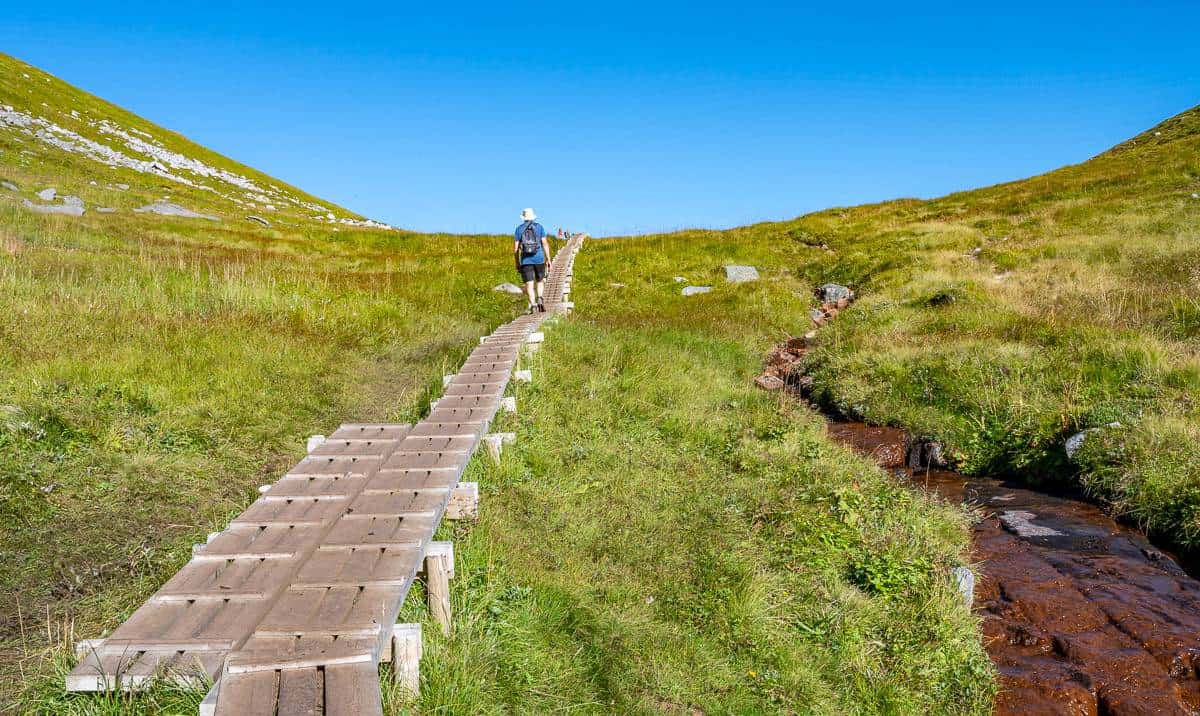 This is what it looks like when you're hiking the boardwalk up from Kvalvika Beach 