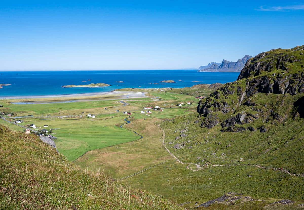 Beautiful views of he farmland and the jagged peaks of Flakstadøya Island