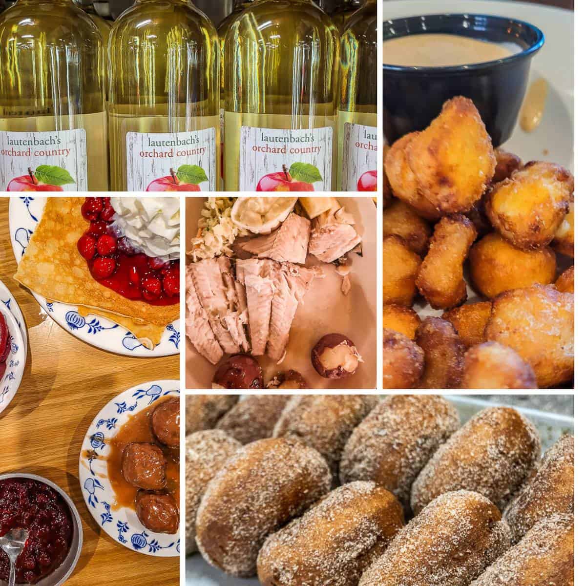 From top L to R: Honeycrisp sweet wine, fried cheese curds, world cider donuts from Wood Orchard Market, White Gull fish swash meal and Swedish meatballs and pancakes from Al Johnsons Swedish Restaurant