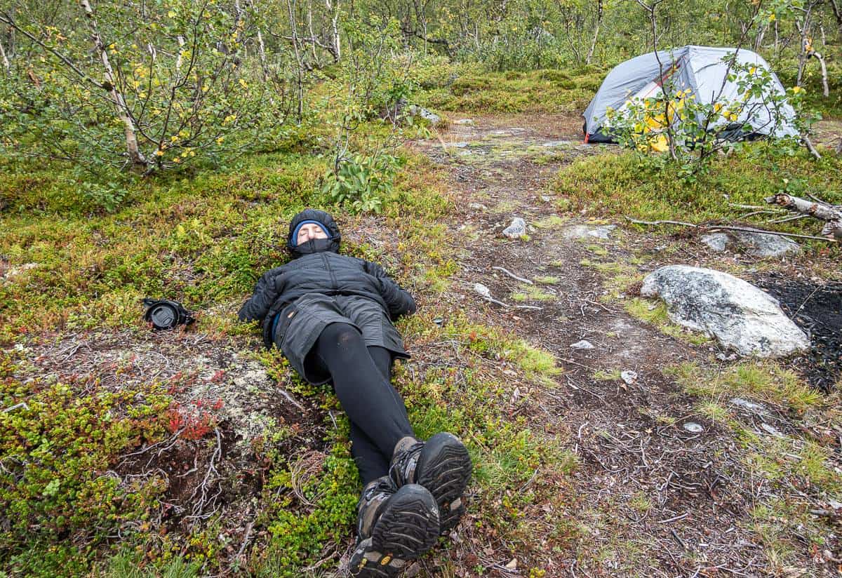John having a nap after the first day of hiking the Kungsleden Trail