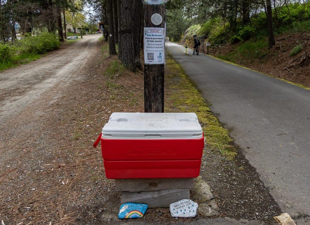 Someone had left this container filled with bottled water west of the Bull Run trailhead