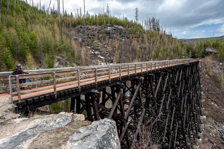 Biking on the newly planked trestle in Myra Canyon