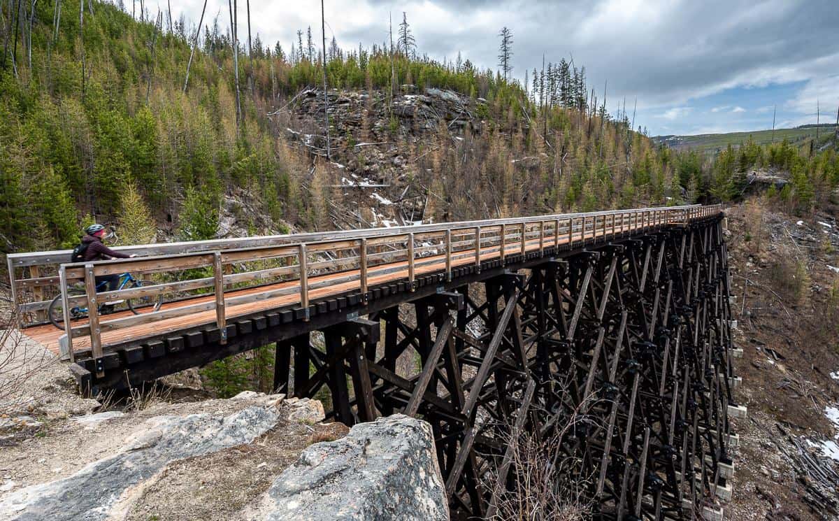 Biking on the newly planked trestle in Myra Canyon