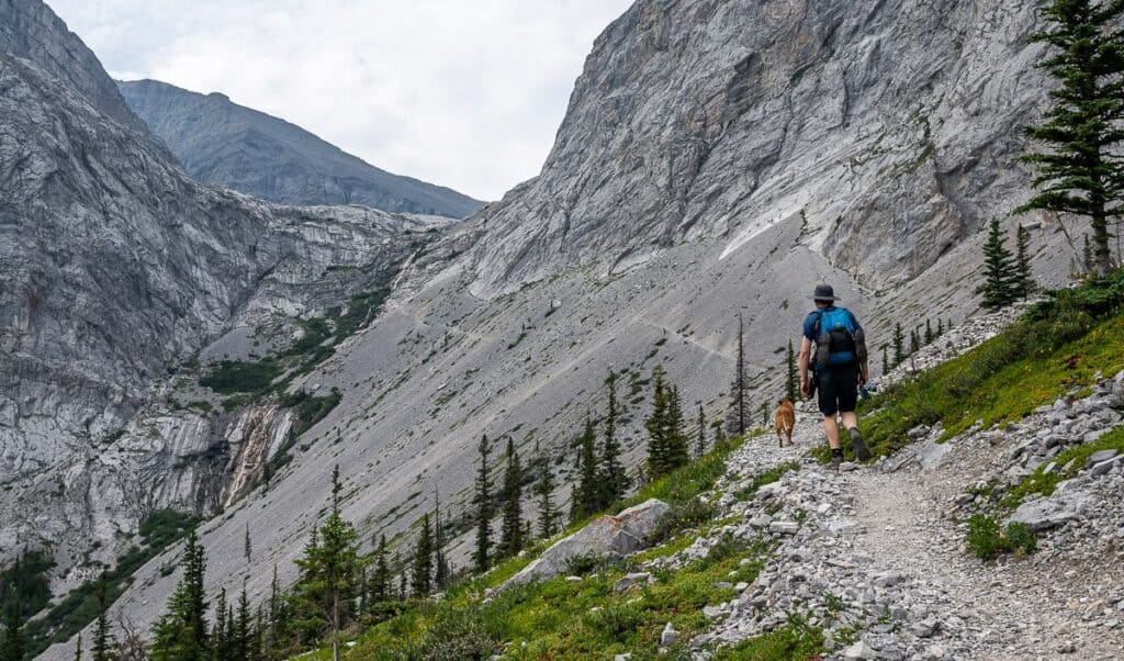 Easy walking on scree to the chains section 