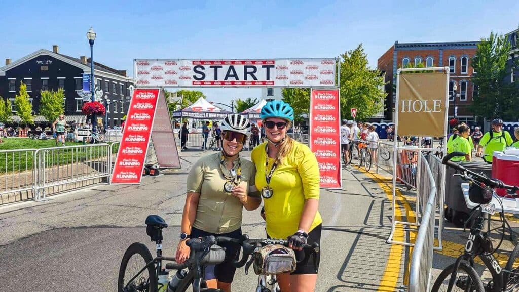 Mary Anne and her friend at the finish line of a donut run.