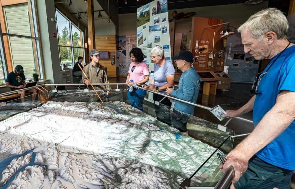 Checking out our backpacking route at the Visitor Centre in Kluane National Park