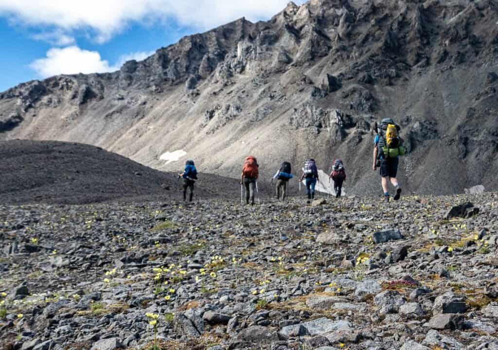 A rocky climb to the pass - with lots of wildflowers underfoot including yellow poppies