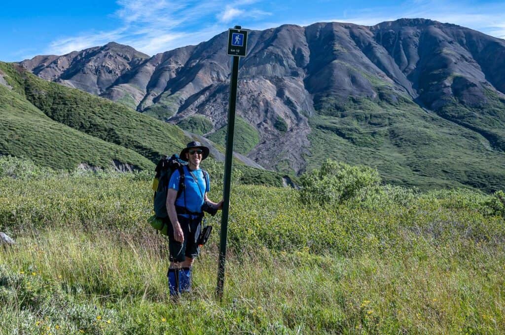 The first signpost we've seen with a trail marking while backpacking in Kluane National Park