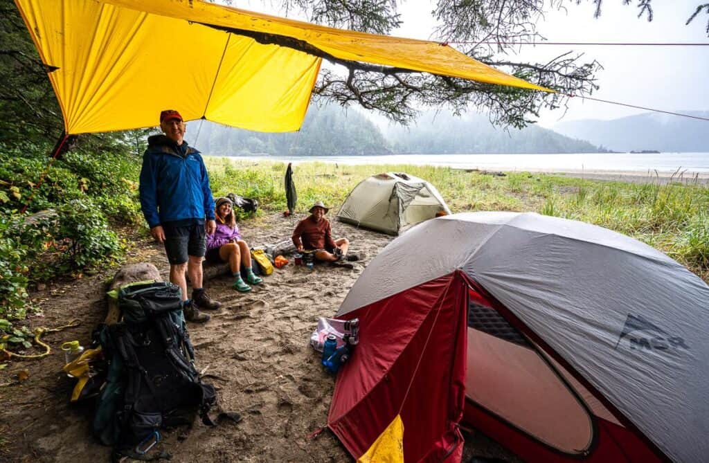 Our campsite on San Josef Bay on a rainy night