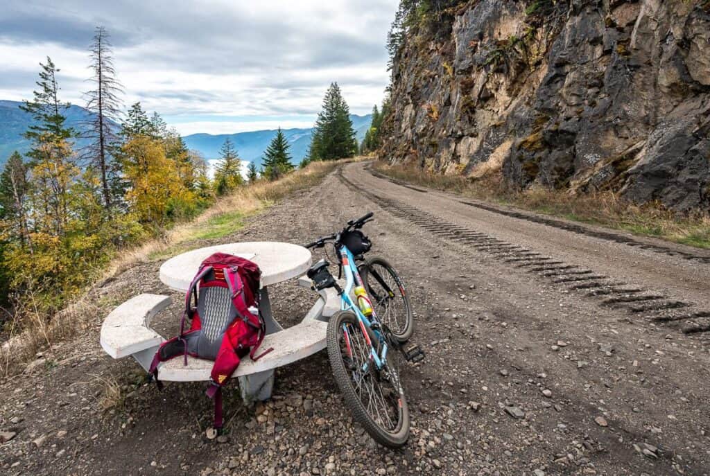 Tables at a scenic viewpoint on the Columbia and Western rail trail is a nice touch