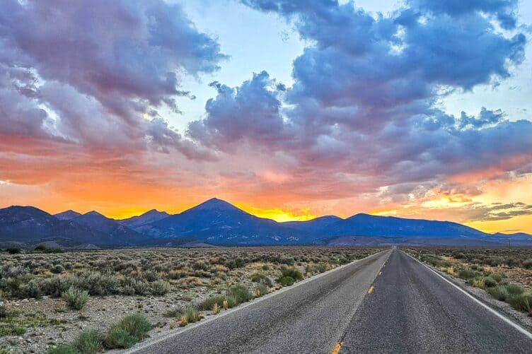 Driving into a sunset in Great Basin National Park