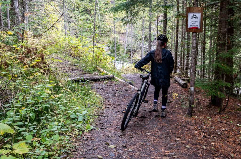 About 1.7 miles after leaving New Denver, hit the bike into a gully – take the upper trail on the far side