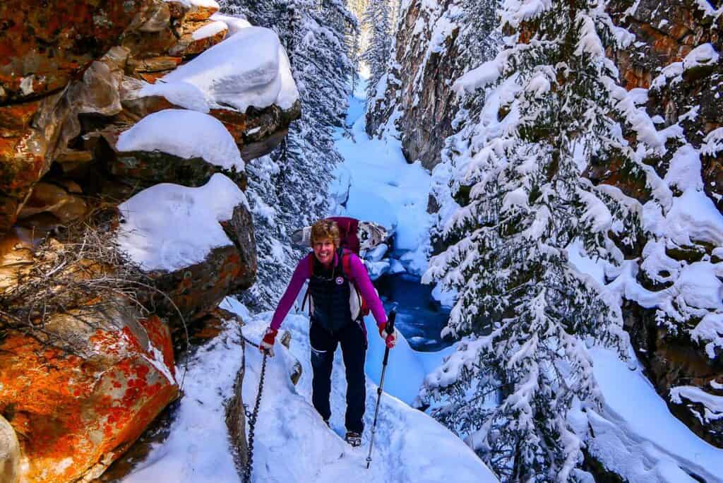 A scenic view looking up the canyon from the airiest part of the Green Monster winter hike