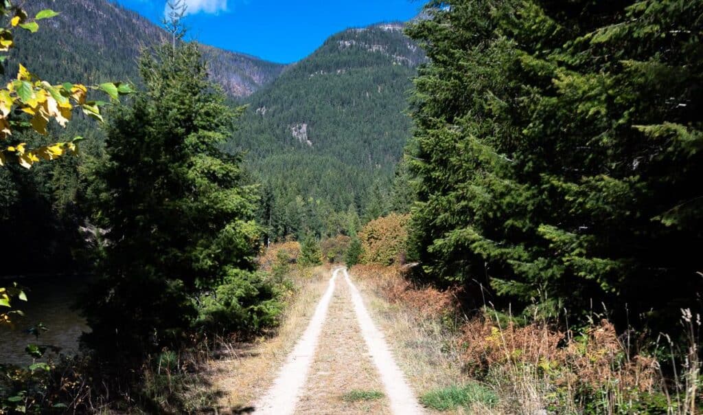 A hard packed dirt-gravel section on the Slocan Valley Rail Trail