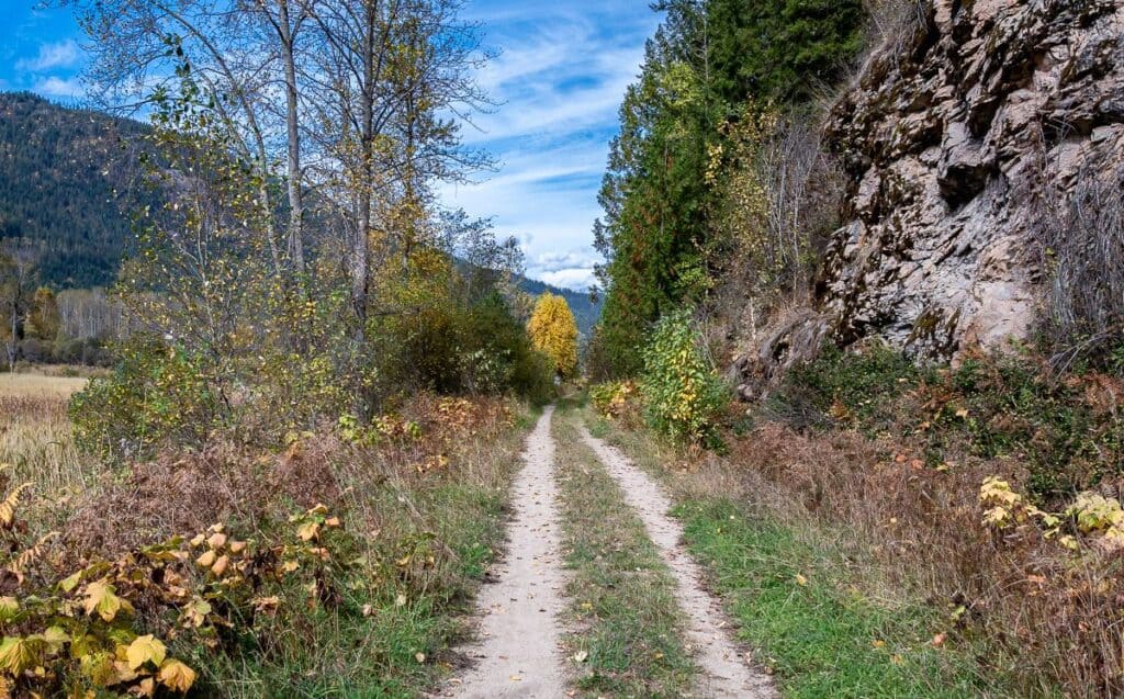 Unexpected cliffs beside the Slocan Valley Rail Trail as I head to Lemon Creek