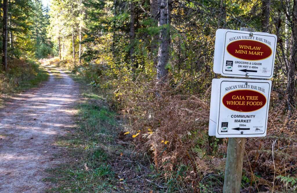 Good signage along the Slocan Valley Rail Trail directing you to food and accommodation options - this one for Winlaw