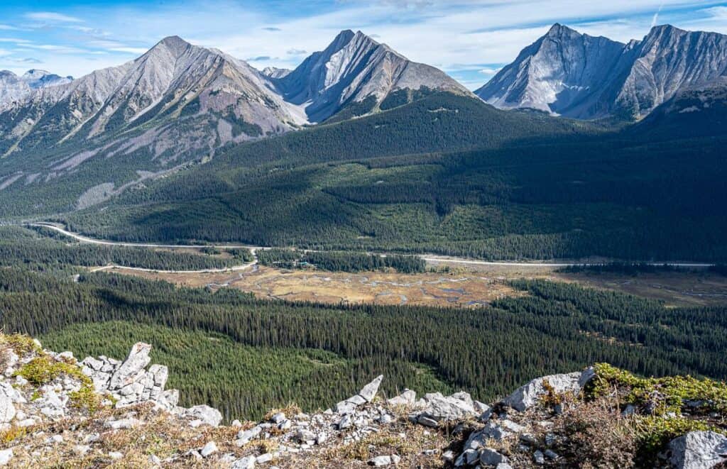 Looking down on the roof of Mount Engadine Lodge at the edge of the meadow